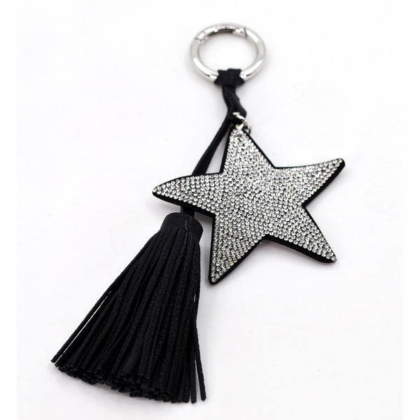 Crystal studded star and tassel key ring