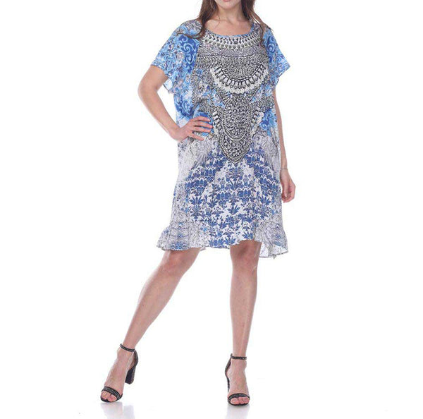 Viscose silk mix tunic style resort wear dress with slight frill hem and embellishment