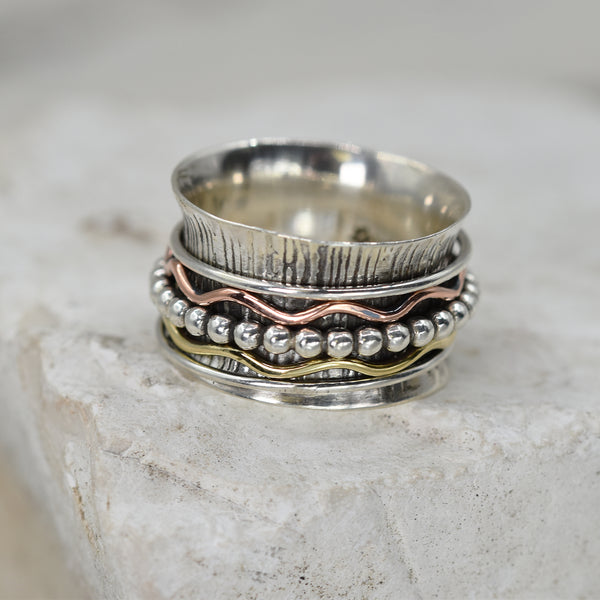 925 Spinning ring with gold, silver and rose gold bands - Size 11