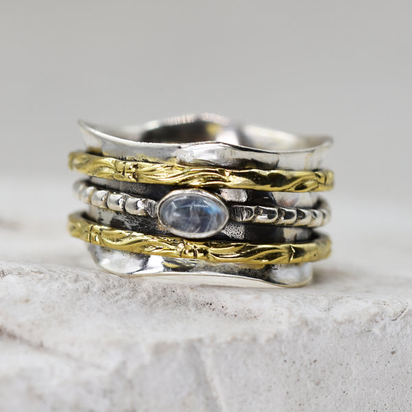 925 Spinning ring with gold band and moonstone - Size 9