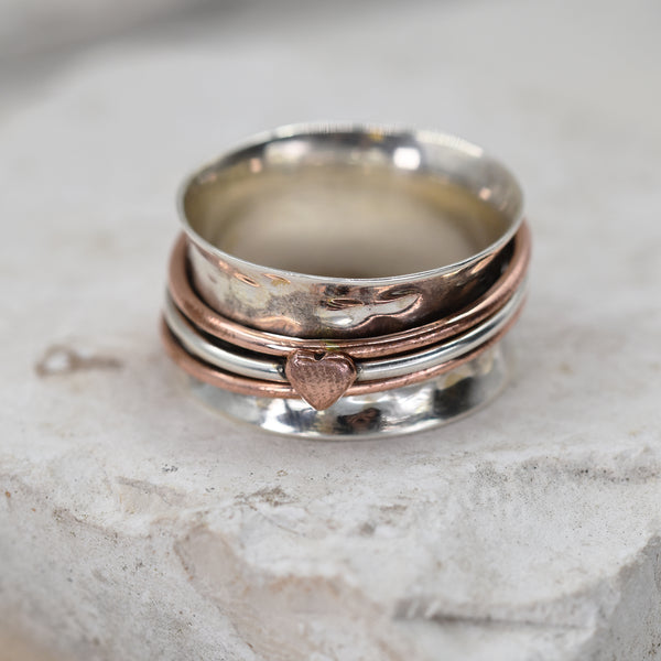 925 Spinning ring with rose gold heart and band - Size 6