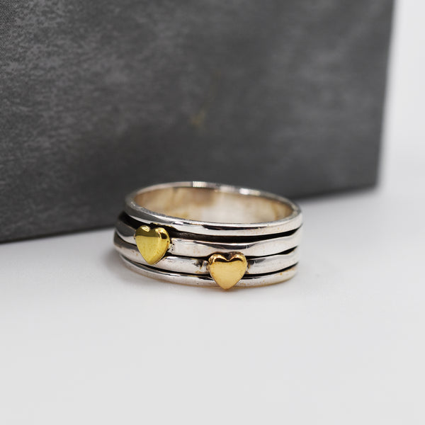 925 Spinning ring with brass hearts - Size 7