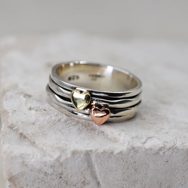 925 Spinning ring with brass and copper hearts