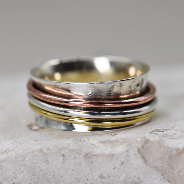 925 Spinning ring with brass, silver and copper bands - Size 8