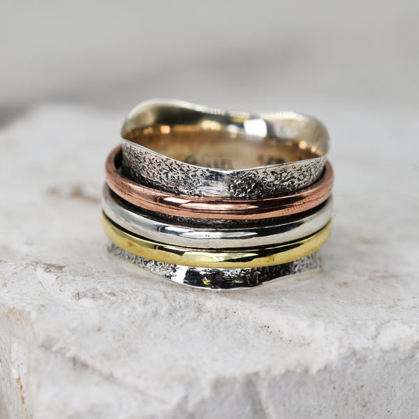 925 Spinning ring with texture pattern and brass, silver and copper spinners - Size 6