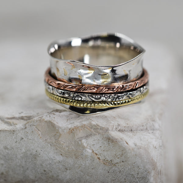 925 Spinning ring with textured gold, silver and rose gold bands - Size 8