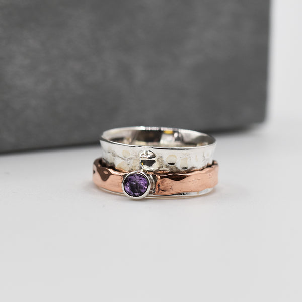 925 Silver Ring with copper spinning band and amethyst stone - Size 7