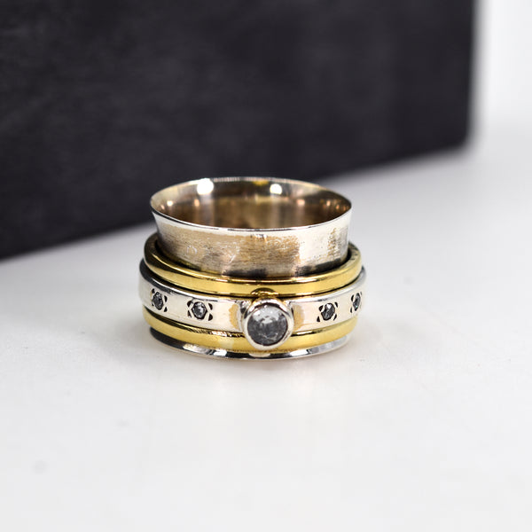 925 silver ring with CZ crystals and brass spinning bands