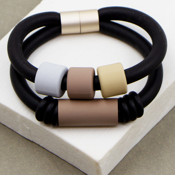 Double strand neoprene bracelet with muted matte elements and magnetic clasp