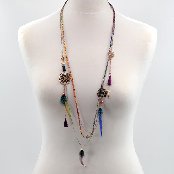 Multi coloured long necklace with beads and feathers