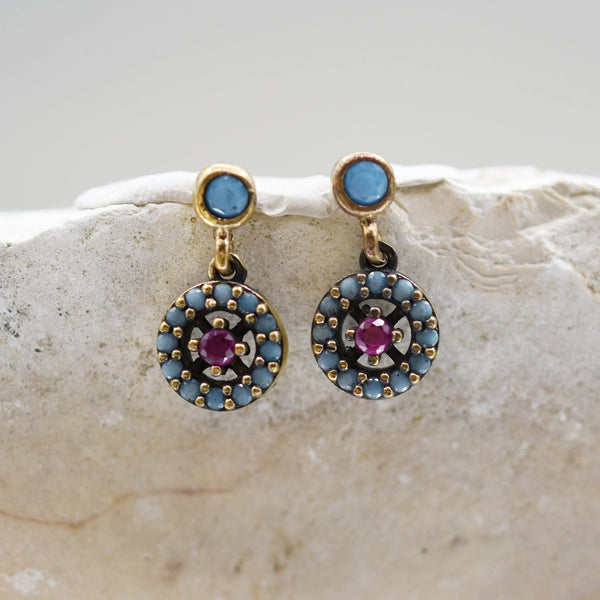 Circle shaped blue and purple stone stud drop earrings