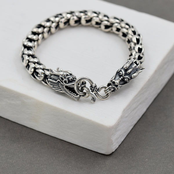 925 Silver dragon head motif mens bracelet