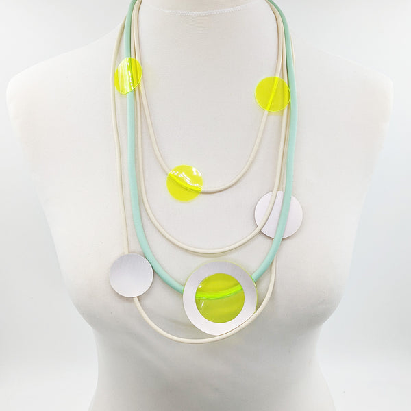 Multistrand long neoprene neon necklace with circle components