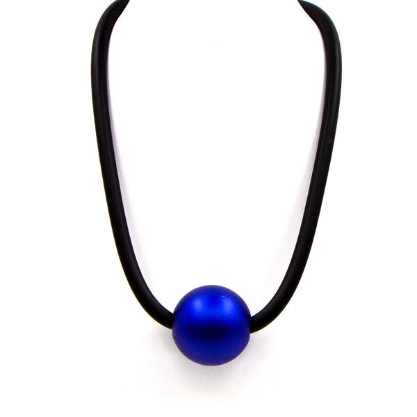 Single strand neoprene statement necklace with matte blue central bead