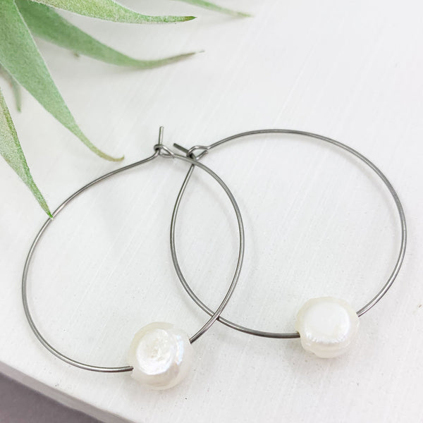 Gold hoop earrings with real pearls