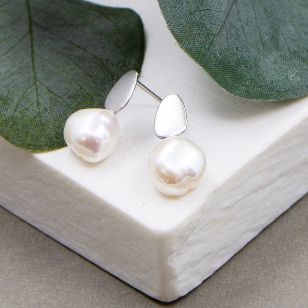 Real pearl studs with contemporary component