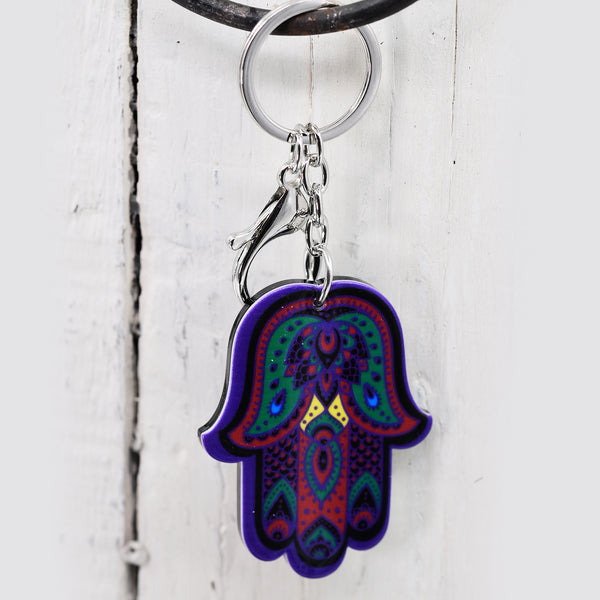 Turquoise and pink patterned hand of hamsa keyring