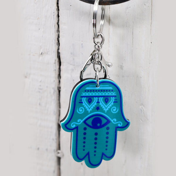 Turquoise and blue hand of hamsa with eye keyring