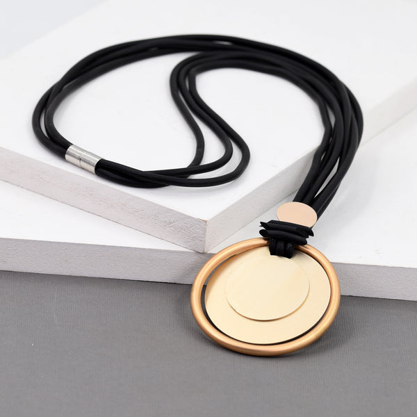 Layered circle pendant long black necklace