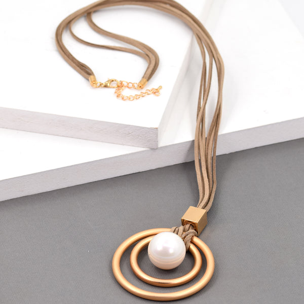 Double circle pendant with pearl center long necklace