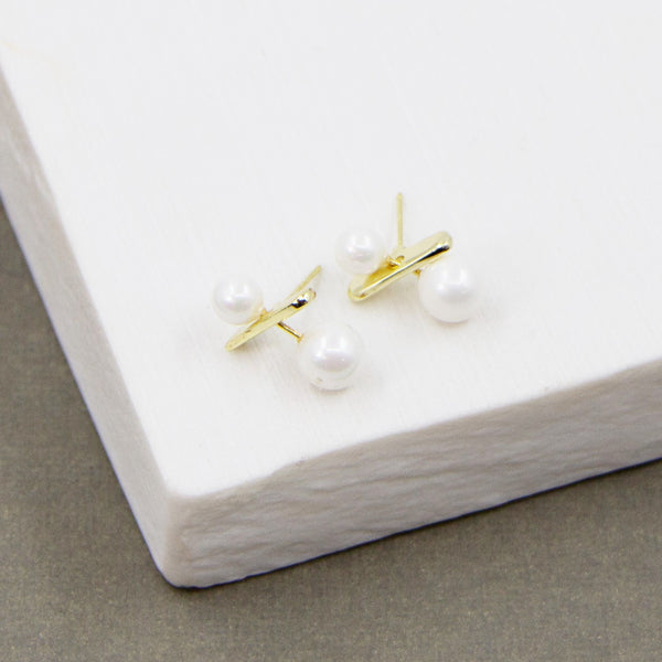 Double pearl and contemporary bar stud earrings