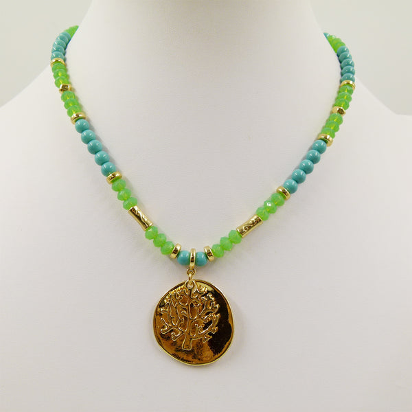 Short beaded necklace disc and tree charm