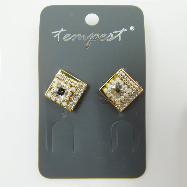 Square beaded stud earrings with crystals