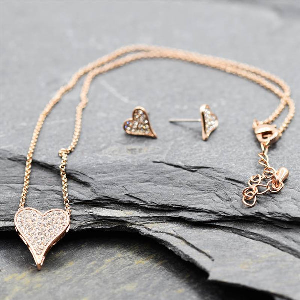 Delicate rose gold heart & crystal necklace and earring set