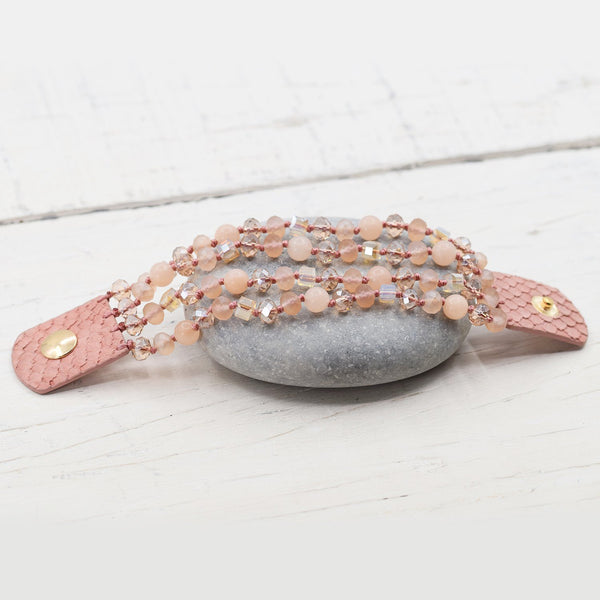 Blush pink wrap cuff bracelet with semi precious stones