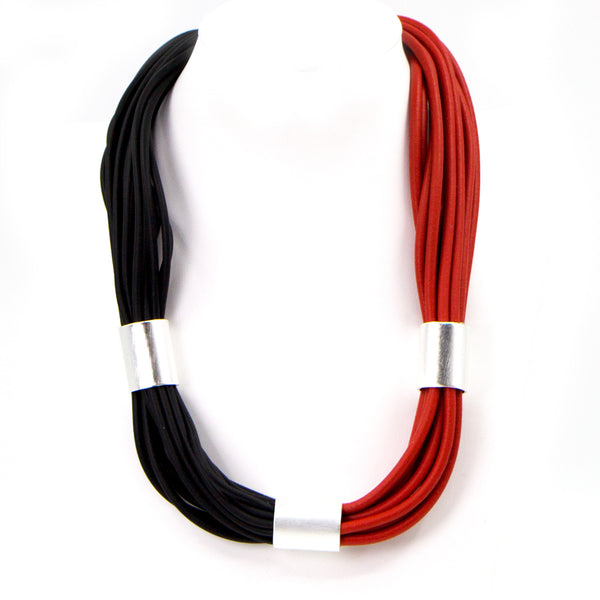 Red and black short rubber statement necklace with 3 tube