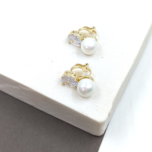 Gold pearl clip on earrings with crystals