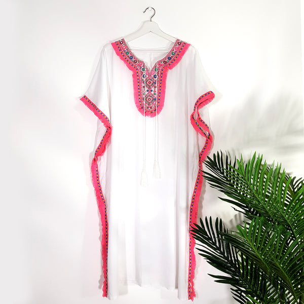 Pink fringed edged kaftan with multi coloured embroidered pattern