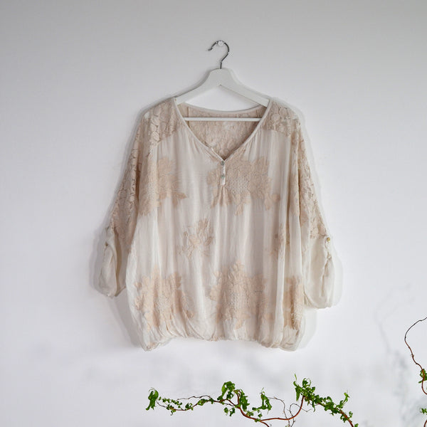 Silk top with embroidered detail and mother of pearl buttons