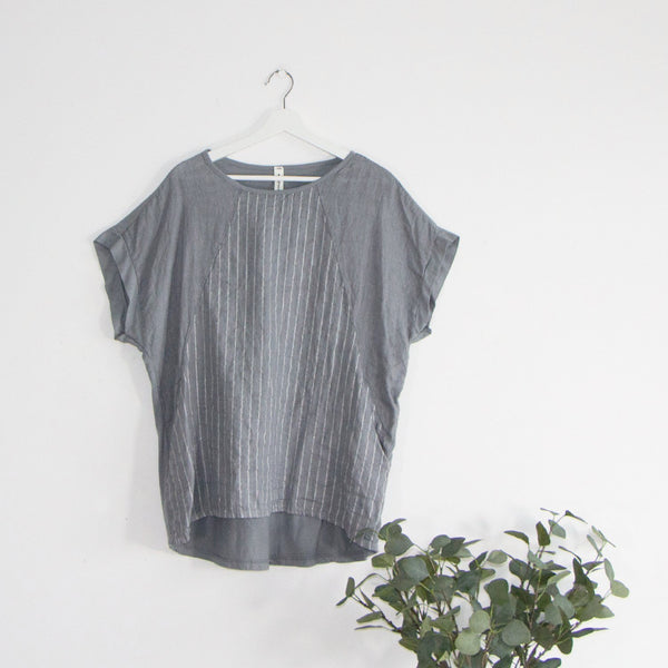 Linen front jersey back top with subtle silver stripe and invisible pockets