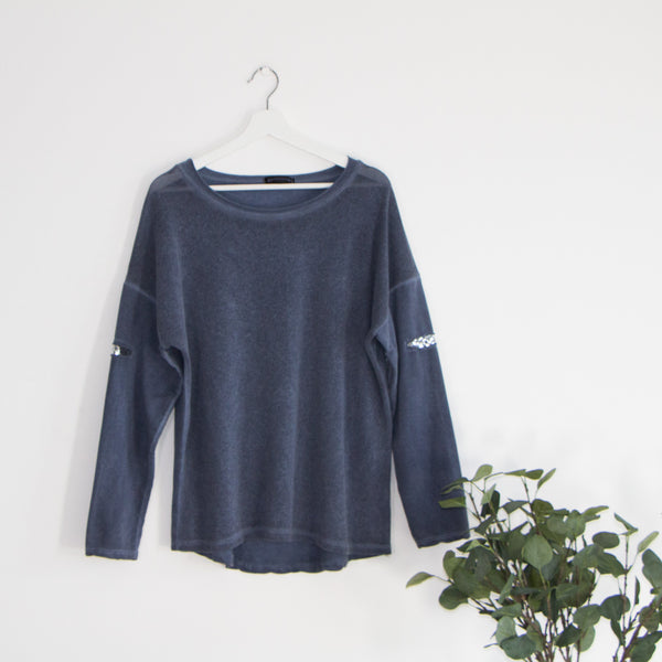 Fine knit top with sequin detail on sleeves