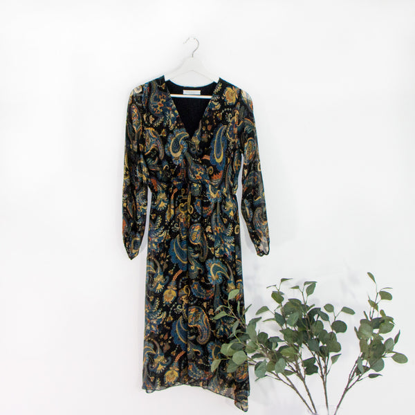 Silk paisley print long sleeve v-neck midi wrap dress