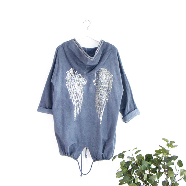 Silver sequin cotton jersey angel wings jacket with silver trim