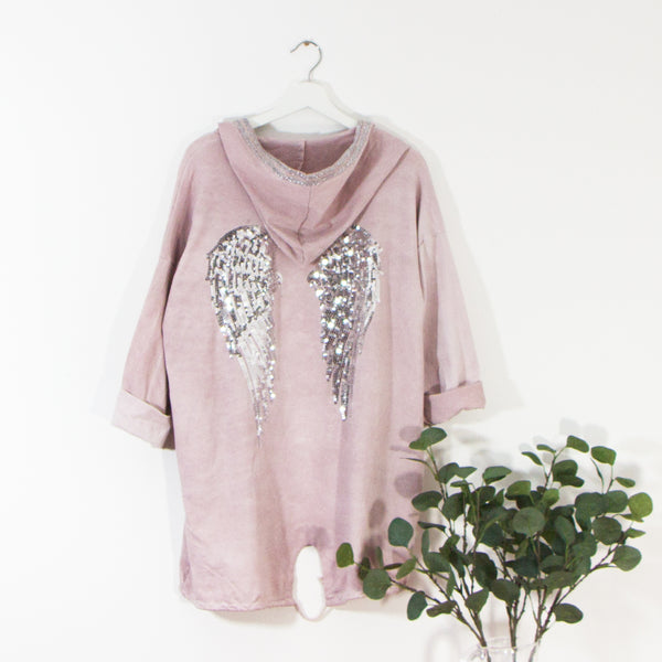 Silver sequin cotton jersey angel wings jacket with silver trim