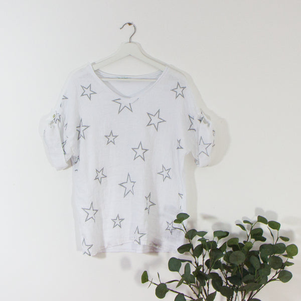 Linen front jersey back silver star print top