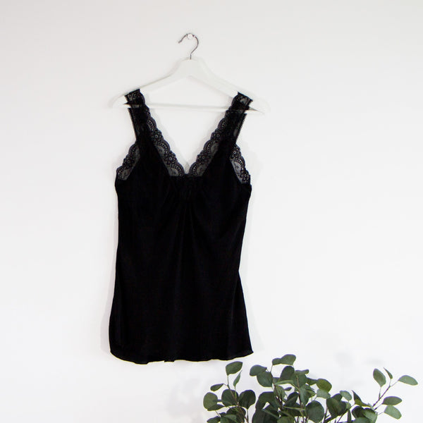 Silky cami vest top with lace straps and lace neckline