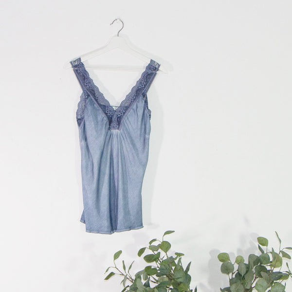 Silky cami vest top with lace straps and lace neckline