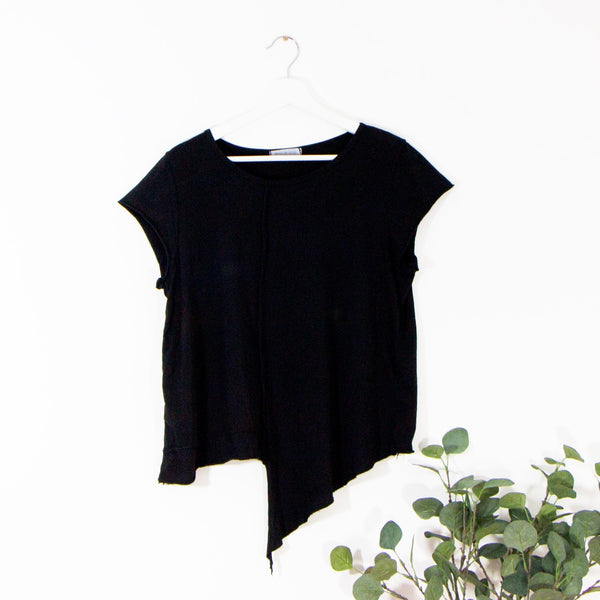 Asymmetric jersey top with vintage raw edge