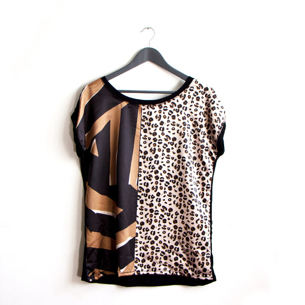 Dressy satin front split print top with a jersey back - Large