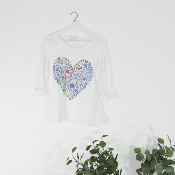 Cotton long sleeve top with multi colour flowers within a heart