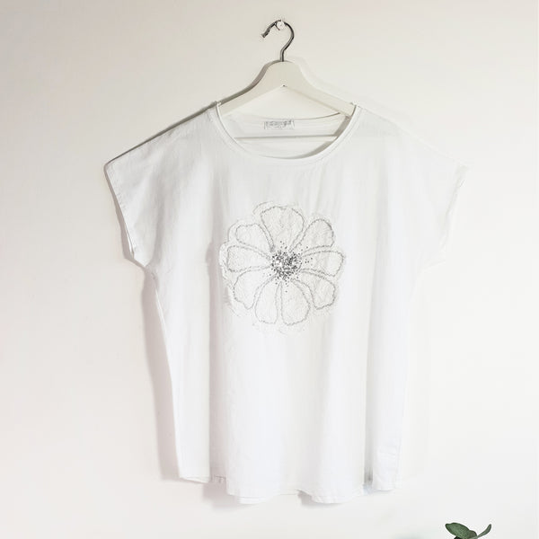 Linen front jersey back lace flower motif top