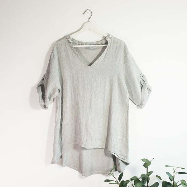 Linen front jersey back vintage wash collarless top with silver satin trim and inverted neck