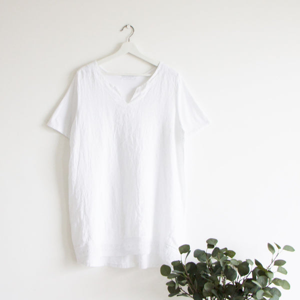 Linen front jersey back long top or dress with lace trim and inverted neck