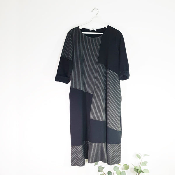 Asymmetrical pinstripe panel viscose dress