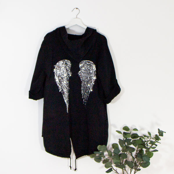 Open jersey hoddie silver sequin angel wing back with drawstring