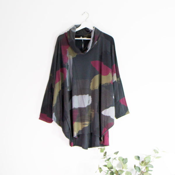 Cowl neck batwing ponco with hand painted print